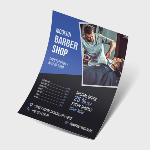 Gepersonaliseerde flyer voor kapperszaak met foto, speciale aanbieding en contactinformatie, perfect voor klantenwerving.