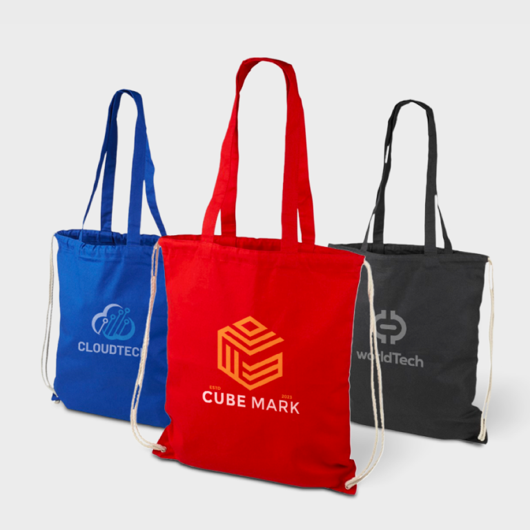 Multifunctionele katoenen tas met lange hengels en trekkoord