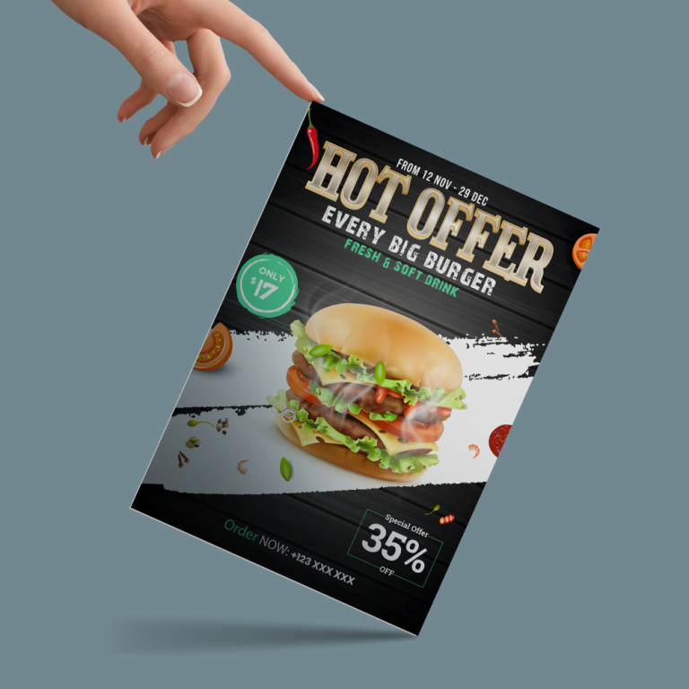 Flyer met promotieaanbieding voor een grote burger met frisdrank, inclusief 35% korting bij GRdruk.nl.