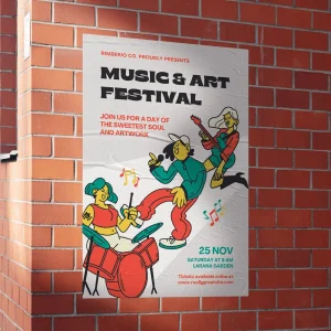 Standaard poster met kleurrijke illustraties voor een muziek- en kunstfestival, bevestigd op een bakstenen muur.