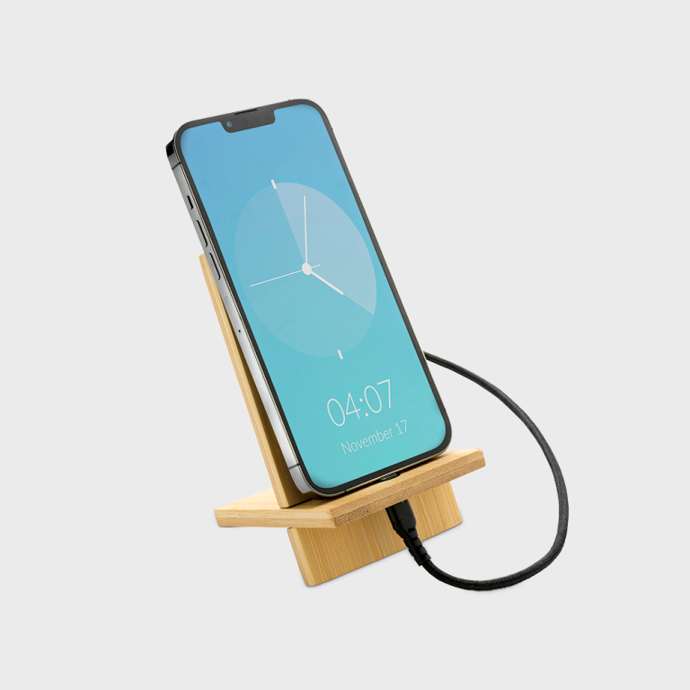 Bamboe telefoon standaard met opening voor oplaadkabel