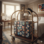 Kofferstickers Als Reisdagboek: Van Souvenier tot Statement 3 koffer met kofferstickers in een hotel op een trolly